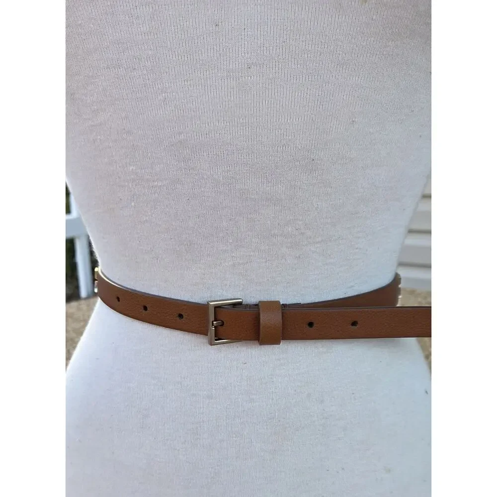 AllSaints Camel Studded Leather Belt Pebbled Thin Minimalist Moto Rocker